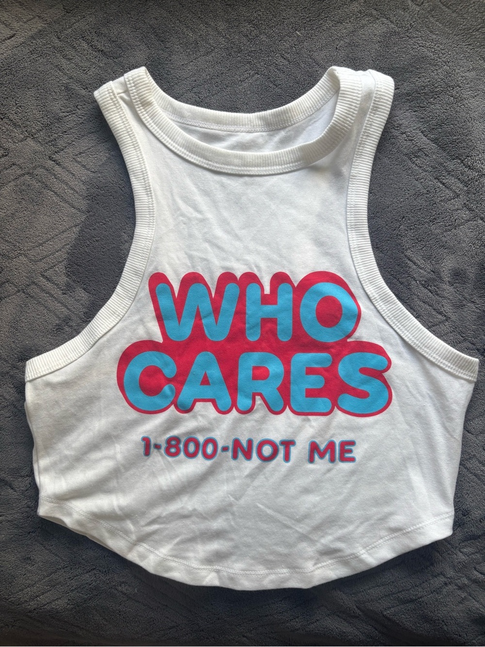 White "WHO CARES" Women’s Graphic Tank Top